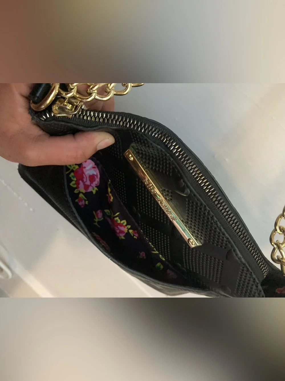 Betsey Johnson Black Heart Embossed Crossbody Bag with Gold Chain
